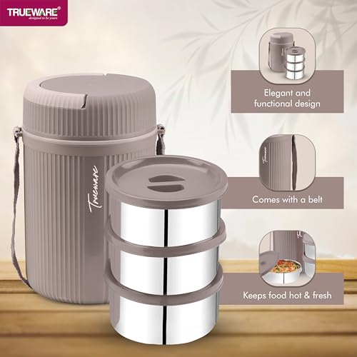 Image of Trueware Stainless Steel, Plastic GRUB 3 Double Wall Insulated Hot Lunch Box with 3 SS Container 300 ML Each | Bpa Free | Food Grade | Hot and Fresh (LBI-GRB-003-Peach BAZ)