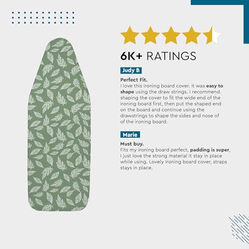 Image of Encasa XO Ironing Board Cover with 3mm Thick Felt Pad for Steam Press (Fits Standard X-Large Boards of 135x45 cm) Heat Reflective, Scorch & Stain Resistant, Printed - Big Leaves Green