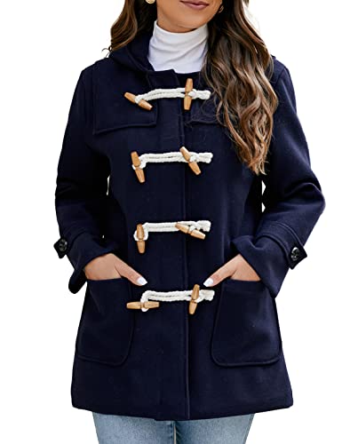 Paodikuai Women's Wool Blend Hooded Toggle Duffle Coat Casual Wool Coats Winter Outwear (B-Quilted-Navy, Large) #TOP19