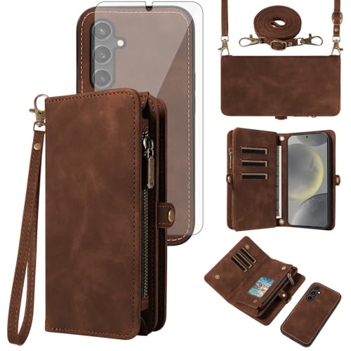 Coque portefeuille amovible Samsung S24 S25 5G Asuwish avec fermeture éclair et bandoulière