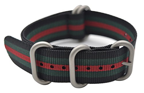 ArtStyle Watch Band with Colorful Nylon Material Strap and Heavy Duty Brushed Buckle (Black/Green/Red, 22mm)