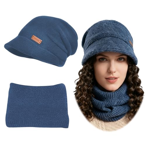 exatta Mütze Damen Wintermütze Strickmütze mit Schal Beanie Mütze Damen Warme Winter Herbst Schal und Mütze Set, Fleece Hüte für mit Krempe Baskenmütze für Outdoor