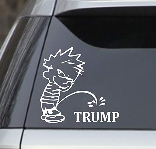 White 6' Calvin Peeing Piss Pissing On Trump President Window Sticker Decal – (Anti Trump Stop Impeach Resist Bumper Election) Good for Cars, Trucks, laptops, lockers etc
