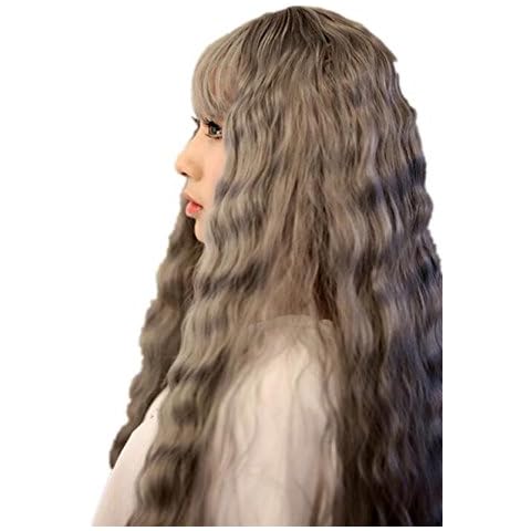 28inch Long Curly Corn Rolls Pastel Gray Synthetic Hair Wig with Bangs Lolita Cosplay Wigs Hairpiece for Women Girls + Free Wig Cap Cover