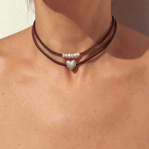Bohemian Heart Beaded Suede Choker Necklace for Women Trendy Brown Leather Double Layered Adjustable Necklace Retro Beach Holiday Vacation Jewelry Gifts2