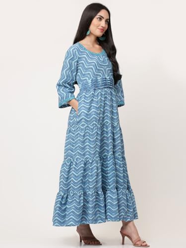 Image of SAVI Women's Pink Cotton Printed Tiered Maxi Dress | Round Neck | 3 /4 Sleeves | Gathered Waist | Flared Long Dress | Casual & Ethnic Wear