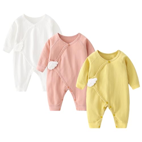Image of IADOER Newborn Baby Romper - Unisex Cotton Bodysuit for Infant Baby Boys Girls 3 Pack Long Sleeve Button Solid Jumpsuits