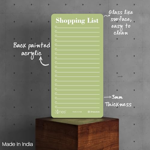 Image of 3 Lines Shopping List Fridge Magnet with Marker|Smart Planning & Shopping for Family, Working Professionals|to Do List| Acrylic Magnetic Notepad for Kitchen Organisation|12x24 cms|Kiwi Color|Large
