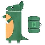 Schlafsack Kinder mit Kissen Abnehmbar,Warm Flausch Dinosaurier Kinderschlafsack Doppelter Reißverschluss für Mädchen Jungen,Faltbare Groß Deckenschlafsack für Indoor Outdoor Camping,170x70cm,Grüner