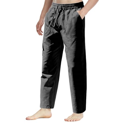 Mens Cotton Linen Pants Drawstring High Waisted Lightweight Straight Leg Pants Casual Loose Beach Pants with Pockets