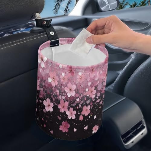 Image of Pink Cherry Blossom Print Mini Car Trash Bin with Adjustable Buttons Car Garbage Can Multipurpose Car Storage Bag Collapsible Reusable
