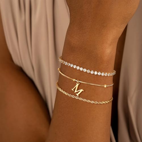 Gold Bracelets for Women Girls - Dainty Gold Bracelet Stack Jewelry Set Personalized Initial Bracelets Cute Stackable Rope Box Chain Tennis Bracelets Gifts for Women Teen Girl Gifts4