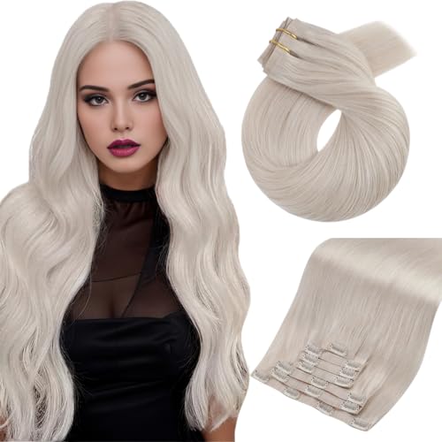 Image of Moresoo Seamless Clip in Hair Extensions, Platinum Blonde, PU Skin Weft | Human hair clip in extensions, 18inch 120g 7pcs, for content creators and photo shoots, for camera-ready styling