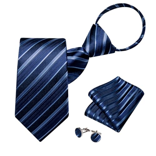 DiBanGu Silk Zipper Ties for Men Paisley Solid Plaid Pre-tied Tie and Pocket Square Cufflinks Set Formal Adjustable Necktie Blue