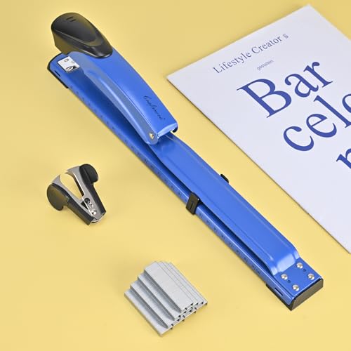 Image of Long Reach Stapler, with 2000 Staples & Stapler Remover Full Strip, 20-25 Sheet Capacity, with Built-in Ruler and Adjustable Locking Paper Guide, Blue