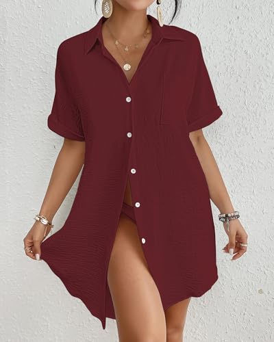 Image of Bsubseach Women Swimsuit Coverup Shirt Dress Button Down Bathing Suit Cover Up Beach Vacation Outfits