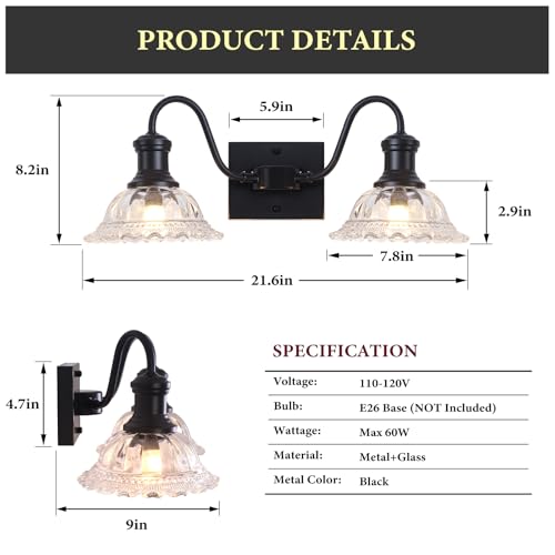 Image of Farmhouse Vanity Lights, 2-Light Vanity Light with Clear Flower Glass Shade, Bathroom Lights Fixtures Over Mirror, Vintage Wall Sconce for Bathroom, Dressing Table