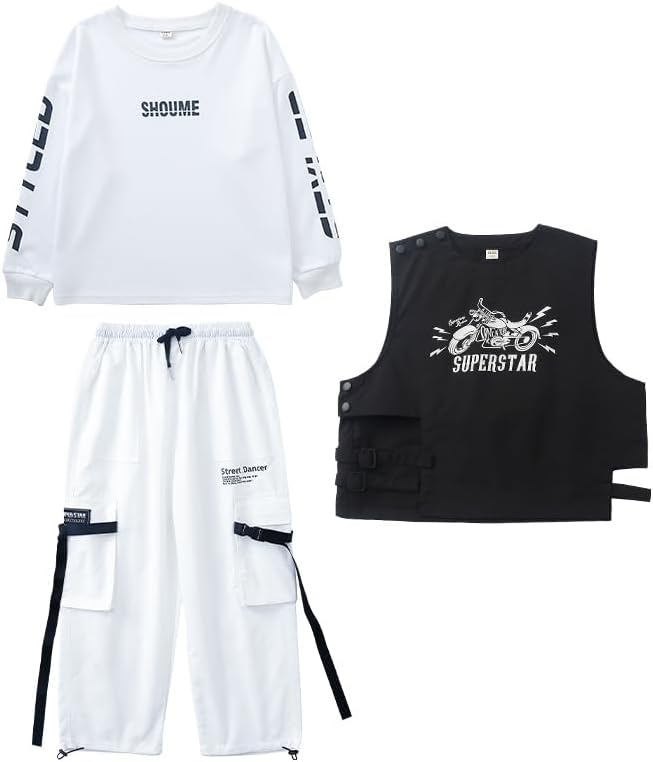 Boys and Girls' Black White Hip Hop Streetwear Set Gig Kids Vest Long Sleeve Top Cargo Pants Dance Performances