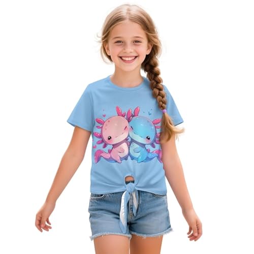 WELLFLYHOM Summer T Shirt for Girls 5-12 Short Sleeve Tee Top Front Knot Blouse Graphic Kids Teens Tunic Top