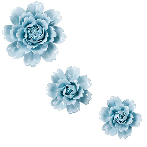 Insiswiner Ceramic Flowers Sculpture Home Hanging Handmade 3D Wall Decor For Living Room Bedroom Blue Peony (3Pack) #TOP29