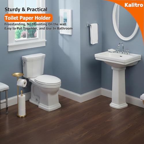 Kalitro Toilet Paper Holder Freestanding with Big Shelf, 4 Rolls Reserve Paper Holder Stand, Modern Paper Roll Holder with Storage Space for Phones (Gold) by Kalitro - Image 8