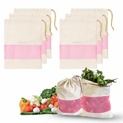 Image of Solitude Set of 6 Cotton Vegetable Bags Fridge Storage Bag Sabji Fruits Pouch Refrigerator Produce Muslin Reusable Washable & Multipurpose use Cloth Bags with Drawstrings