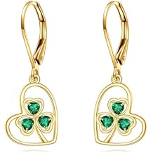 Gold Clover Drop Earrings 14K Gold Shamrock Leverback Earrings Irish Good Lucky Emerald Jewelry Gifts for Women