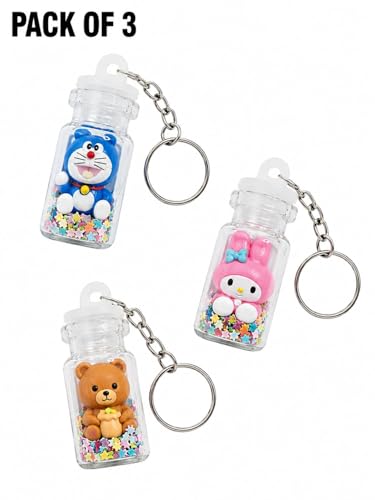 Image of Decorative Mini Bottle Keychain Set - Rubber Cartoon Character with Glitter Stars Design, Cute Hanging Bag Charm Keyring (Pack of 3, Assorted Designs)