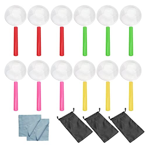 BEIIEB Loupe 12pcs pour Enfants, Mini loupe colorée, Outils pour Les Enfants explorant, Observant Les Insectes et Les Plantes, avec Sac de Rangement pour Lunettes 3pcs et Chiffon pour Lunettes 3pcs Cover