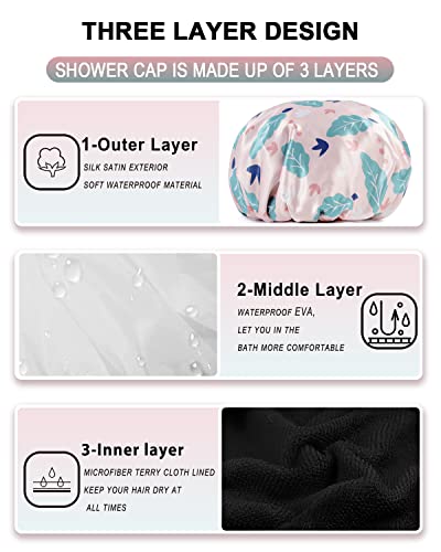 Terry Cloth Lined Shower Caps - Yizijizi Triple Layer Large Shower Cap For Women, Waterproof Reusable Shower Caps For Long Thick Hair, Washable Soft Bath Shower Caps For Hair Care (Pink) #TOP2
