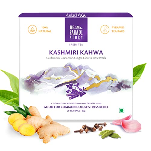 The Pahadi Story Kashmiri Kahwa - Green Tea (20 Pyramid Tea Bags) | 100 % Natural Himalayan Green Tea | Helps to Relieve Stress | Helps Fight Common Cold | Green Tea Leaves Blended with Cardamom, Cinnamon, Ginger, Clove & Rose Petals | Fit for All Ag