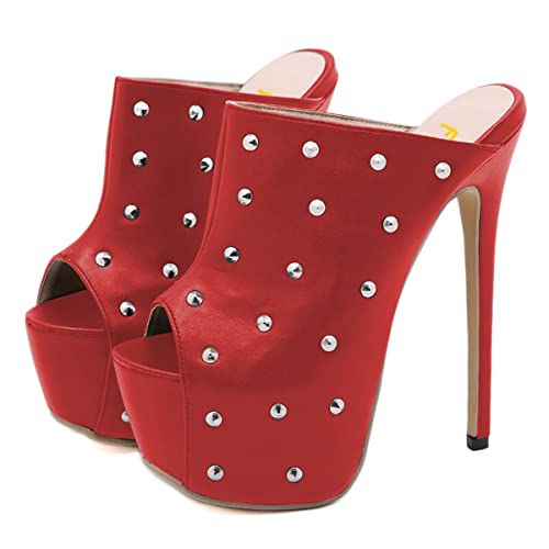FSJ Women Sexy Studded Platform Mules Stiletto High Heel Peep Toe Slip On Summer Party Dress Prom Shoes Size 4-15 US