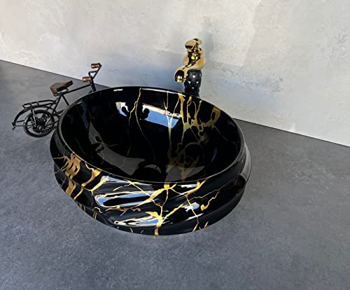 Image of Designer Glossy Finish Ceramic Art Table Top Wash Basin For Bathroom | Collapsible Countertop Washbasin (Black White Glossy Art, 16 x 13 x 6 Inch)