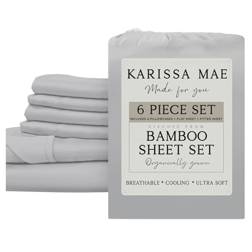Image of KARISSA MAE 6 Piece Luxury Bamboo Viscose King Sheet Set, 4 Pillowcases | FSC Certified | Cooling | Ultra Soft | 18 inch Deep Pockets | Elastic Corner Straps | Includes Organizer Band [Grey Mist]