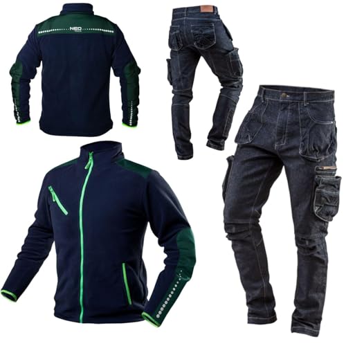 NEO TOOLS Pantalon de Travail en Denim ou Ensemble pour Homme, Long, 8 Poches, Taille XS à 3XL, Coutures renforcées, Zone des Genoux profilée, Tissu mélangé 98% Coton, 2% élasthanne, 410 g/m²,