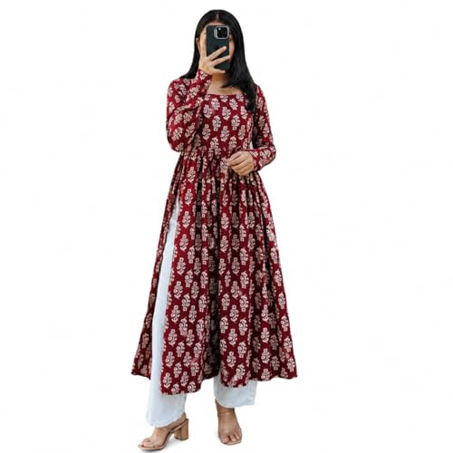 Image of Women's Cotton Nayra Cut Kurti for Women | Full Sleeves Printed Long Kurta | Stylish Flared Ethnic Wear Kurti, Casual & Festive Occasion