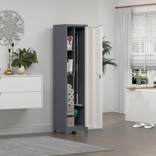 Image of Metal Broom Storage Cabinets, Narrow Cabinet with Hooks, 65 inch Slim Bathroom Storage Cabinet with Shelves, Heavy-Duty Cleaning Cabinets for Utility Room, Gym, Office, Garage