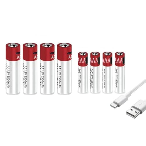 WILLQ Batteria Ricaricabile USB agli ioni di Litio di Tipo C Batteria AA+AAA da 1,5 V 5500 mAh Batteria a Lunga Durata e Uscita costante Carica Rapida da 1,5 V e 1 Ora,4aa+4aaa