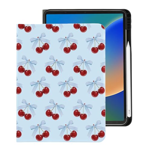 Coque iPad Pro 13 M4 M5 bleu à angles de vue multiples et motif nœud de cerises kawaii