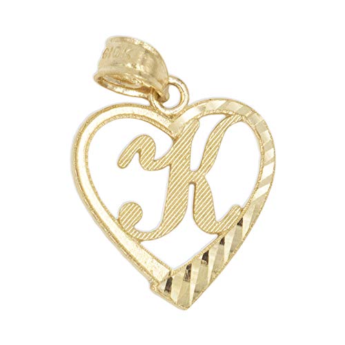 10k Solid Gold Initial Pendant in Heart Frame with Diamond Cut Finish, Available in Different Letters of Alphabet Personalized Charm for Women (K)