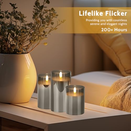 Image of Grey Glass Flameless Candles with Remote and Timer, Real Wax Candles Warm Flickering LED Pillar Battery Operated Candle Light for Halloween Wedding Party Home Decoration, Set of 3
