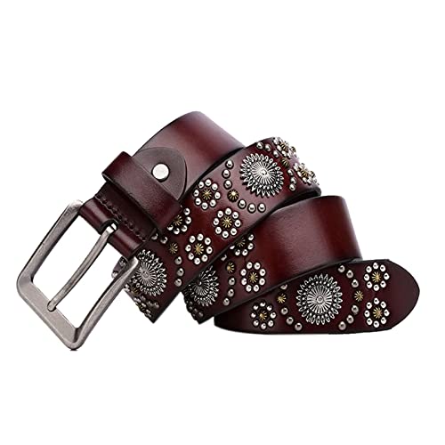 Studded Belt Leather Mens Belt Flower Shape Rivet Vintage Handmade The Hip Hop Style Belts Alloy Buckle Unisex,Brown,110cm/43.3''