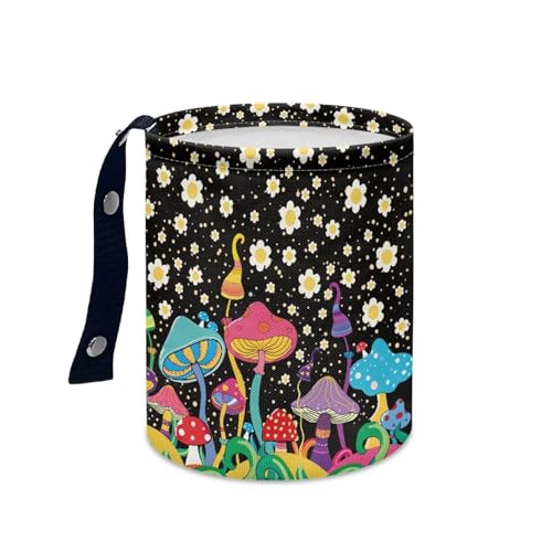 Image of Mushroom Daisy Trash Can Leak Proof Waste Basket Container Bag Bin Hanging Cup Holder Organizer with Strap Mini Car Interior Accessories for Auto, Camping, Travelling