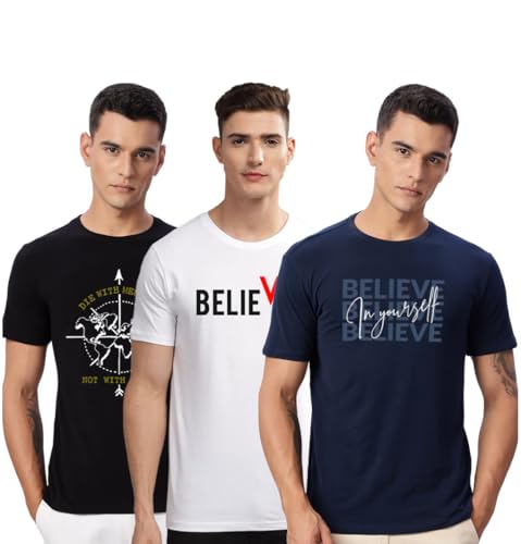 Image of ADRO 100% Cotton Lycra Tshirts for Men Combo Pack of 3 | Regular Fit | Printed T Shirt | Round Neck Half Sleeve| Mens Tshirts