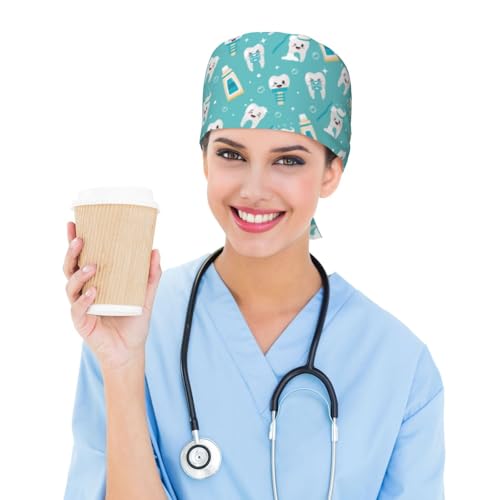 Image of Working Cap Scrub Cap with Sweatband Adjustable Unisex Women Tie Back Hat Nurse Surgical Caps
