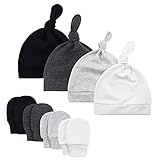 Durio Neugeborenes Babymütze und Handschuhe Set Knoten Beanie Hut Kratzfäustlinge Baby Jungen Mädchen 0-6 Monate 4er Pack Farbmischung D