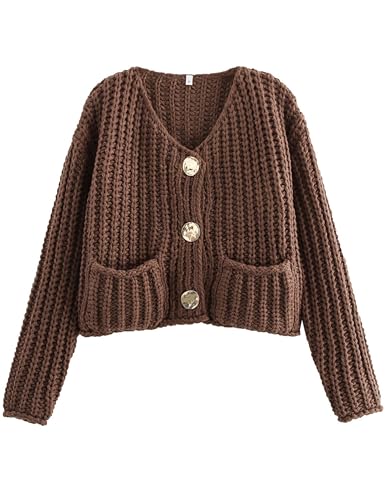 Zhiyouni Women's Cropped Cardigan Sweater Long Sleeves Button Down Chunky Knitted Coat