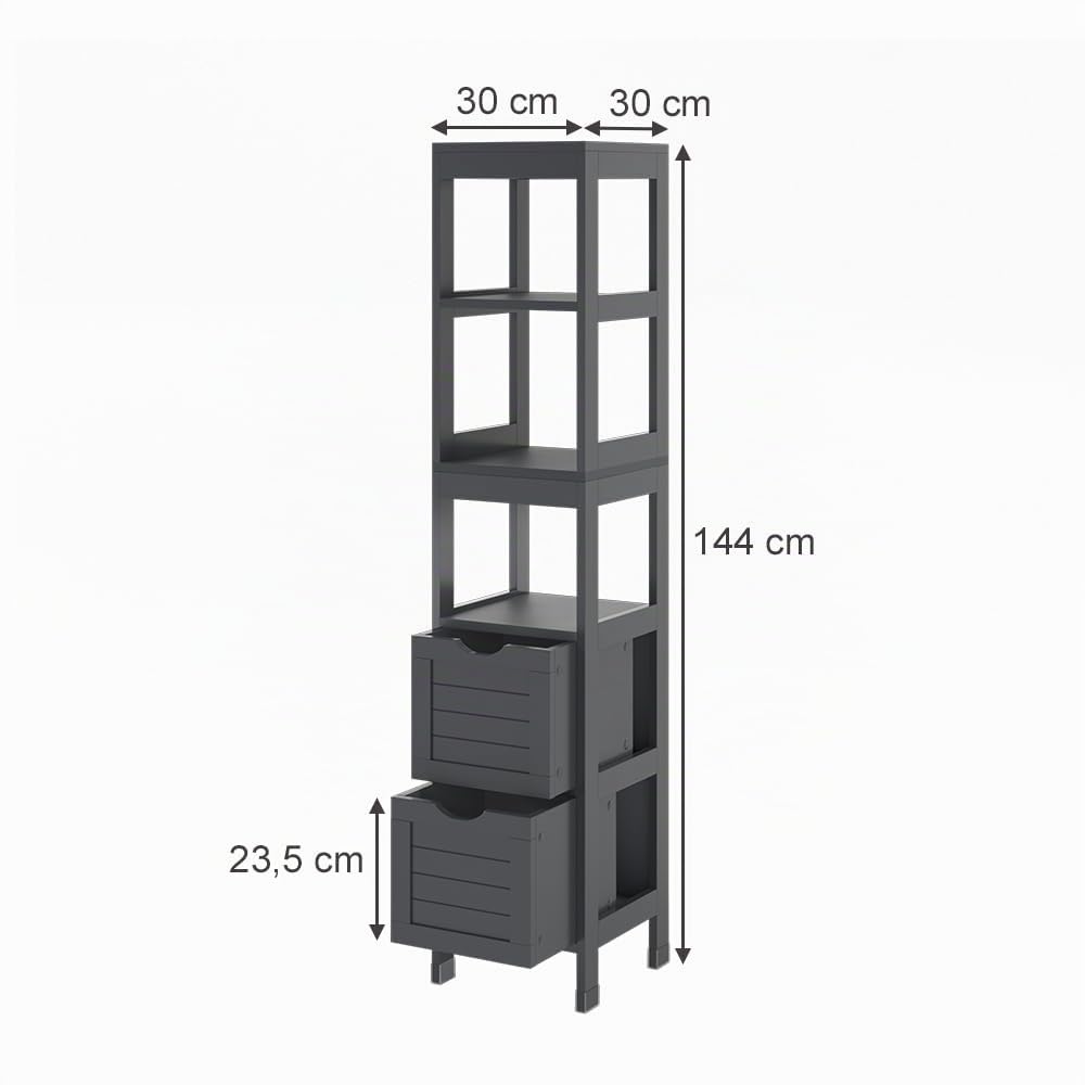 Vicco Badschrank Vilda, Grau, 30 x 144 cm | mit 2 Schubladen, zur Aufbewahrung von Badaccessoires und Pflegeprodukten