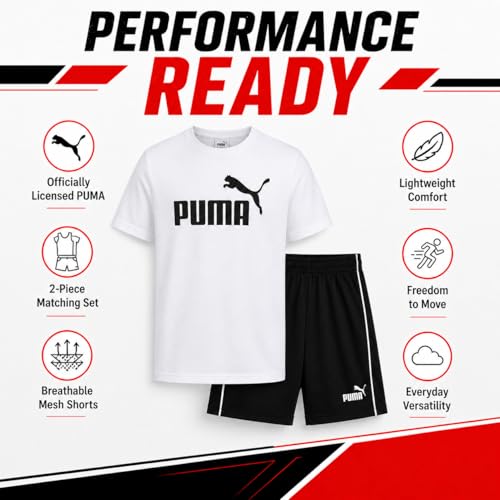 Image of PUMA Boys Short Set - 2 Piece Short Sleeve Crewneck Performance Graphic Tees and Athletic Mesh Shorts for Boys (Sizes: 4-16)