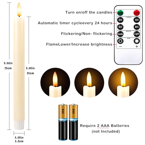 Image of VK Flameless Taper Candles with Remote, Timer, Ivory Battery Operated CandleSticks with 3D Flickering Flame for Christmas Home Wedding Decor Pack of 2 (0.86 X 9.8 Inch)